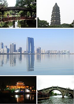 Fenn balra: „A szerény hivatalnok kertje”; fenn jobbra:Jünjan (Yunyan) pagoda a Tigris-hegyen; középen: Szucsou kora esti fényben; lent balra: Csangmen (Changmen)-kapu éjjel; lent jobbra: a Santang (Shantang) csatorna