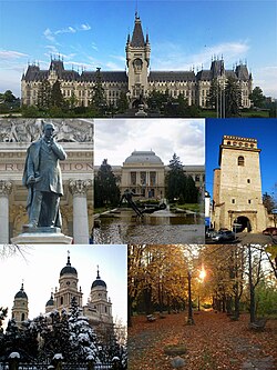From top left: Palace of Culture • Vasile Alecsandri Statue in front of the National Theatre • Alexandru Ioan Cuza University • Golia Tower • Metropolitan Cathedral • Botanical Garden
