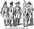 Wojsko pruskie, od lewej: huzar, dragon, kirasjer, grenadier i muszkieter