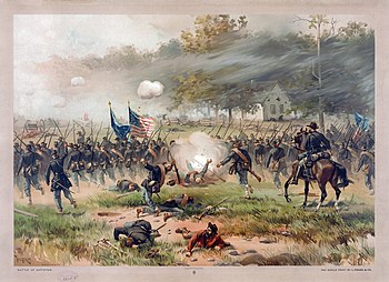 Angriff der Iron Brigade beim Antietam (eine Lithographie von einem Anstrich durch Thure de Thulstrup)