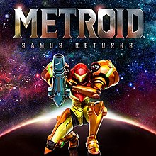 The cover art shows Samus Aran, a woman in an orange, full-body armour, kneeling with her arm cannon raised in front of a starry sky.