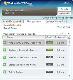 A screenshot of Windows Live WiFi Center