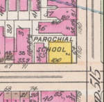 A 1911 map showing the northwest corner of Park Avenue and 93rd Street, when it was occupied by the two buildings of the Ursuline Academy, a school for Catholic girls.