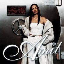An image of a woman wearing a white top, jeans, and fur jacket poses in front of a bank vault. The rapper's name (Amil) and the songs' names ("I Got That" and "4 da Fam") are shown in the image.