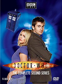 David Tennant and Billie Piper back to back in front of a blue background with a police box in a corner and text reading, "Doctor Who, the complete second season"