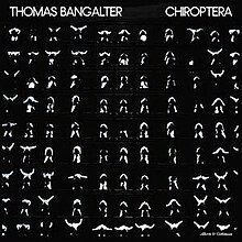 Black square with clothed white dancers in a grid-like scaffolding. Artist name "Thomas Bangalter" at top left, album name "Chiroptera" at top right, label name "Alberts & Gothmaan" at bottom right.