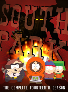 Four crudely animated children sport a heroic theme in front of a maroon background, which also features fire. The words "The Complete Fourteenth Season" underline the image.