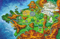 X and Y take place in the Kalos region. The player begins their adventure in Vaniville Town, located in the lower right point of the star-shaped region. The large, circular city just north of center is Lumiose City.