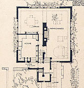 The Concrete House was also depicted in the Wasmuth Portfolio published in 1910. Plate XIVa shows an open floor plan: no wall separates the living and dining rooms.