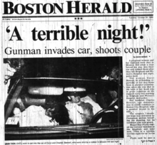 Cover of the Boston Herald newspaper on October 24, 1989, with an article on the murder of Carol Stuart that includes a photograph of Carol and Charles Stuart's severe gunshot wounds