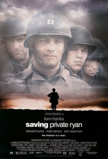 The theatrical release poster for Saving Private Ryan. This poster shows a soldier with a gun running on a steppe and four more soldiers in the background. The tagline reads "The mission is a man".