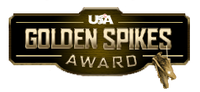 The words "GOLDEN SPIKES AWARD" in gold on a brown polygonal background, with a pair of golden baseball spikes dangling from the last "S" in "Spikes". Above the lettering reads "USA" in white colour.