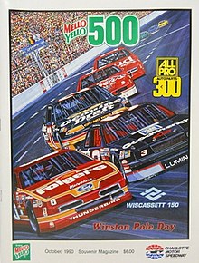 The 1990 Mello Yello 500 program cover, featuring Mark Martin and Dale Earnhardt. Artwork by NASCAR artist Sam Bass.