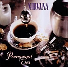 A cup of tea being brewed in a cup. A spoon, biscuits and an ashtray filled with cigarette buts surround the cup. On top of the cup, blue text in block capitals reads "Nirvana" and under the cup, orange italicised text reads "Pennyroyal Tea."