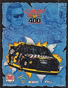 The 1996 Miller 400 program cover, featuring Rusty Wallace. Artwork by NASCAR artist Sam Bass.