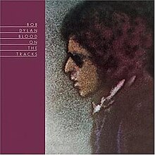 A drawing of Dylan's face in profile facing a burgundy stripe with the album's name in white