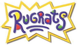 The word "Rugrats" and two small underlines in dark blue written in a child's handwriting, with red, yellow, and green dots, a white background, and a jagged yellow border.