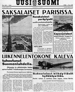 Uuden Suomen etusivu 15. kesäkuuta 1940. Pääuutisena saksalaisten toteuttama Pariisin valtaus ja Neuvostoliiton välirauhan aikana alasampuma suomalainen matkustajalentokone Kaleva.