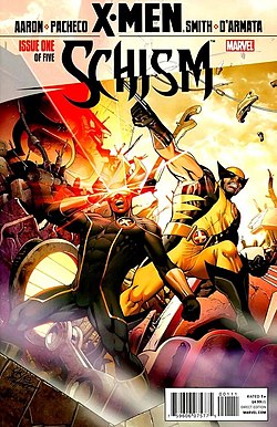 עטיפת החוברת X-Men: Schism #1 מיולי 2011, אמנות מאת קרלוס פאצ'קו, פאם סמית ופרנק דרמטה.