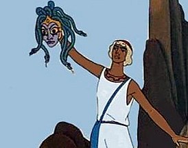 Кадр из мультфильма. Персей с головой Медузы в руке