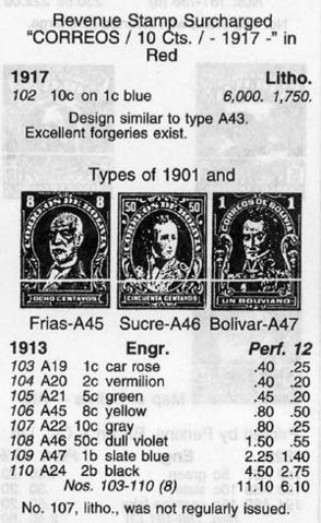 Секция марок Боливии в каталоге «Скотт» (2002), где описана эта марка (вверху страницы)