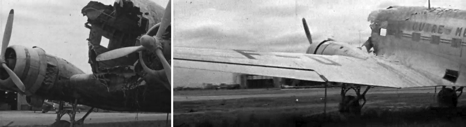 ​«Дакота» № F-OANH, уничтоженная в Зяламе ночью 4 марта 1954 года. Была получена ВВС Армии США в варианте C-47-DL № 41-38713 в декабре 1942 года. Первый C-47, переданный Королевским ВВС Австралии в 1943 году. После войны эксплуатировался авиакомпанией Australian National Airways, продан Air Outre-Mer в 1953 году (кадры кинохроники)​​​​​ - На мирно спящих аэродромах Тонкина | Warspot.ru