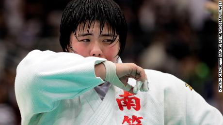 FUKUOKA, JAPAN - APRIL 07: Akira Sone reacts after winning the Women&#39;s +78kg final match against Sarah Asahina on day one of the All Japan Judo Championships by Weight Category at Fukuoka Convention Center on April 7, 2018 in Fukuoka, Japan. (Photo by Kiyoshi Ota/Getty Images)