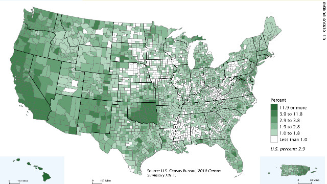 A map from the US Census Bureau shows the the percentage of the population of multiracial decent.