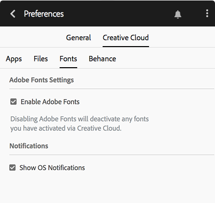 Font activation setting in Creative Cloud