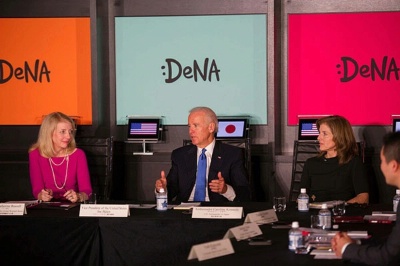 Vice President Joseph Biden, with Ambassador-at-Large for Global Women's Issues Catherine Russell and U.S. Ambassador to Japan Caroline Kennedy, participates in a round table discussion on women's role in the economy at DeNA, a Tokyo-based tech company, in Tokyo, Japan, on December 3, 2013.