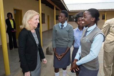 Cathy Russell, U.S. Ambassador-at-Large for Global Women's Issues talks with students at the Shalom Community School. Ambassador Russell is traveling with Second Lady Dr. Jill Biden and USAID Administrator Raj Shah on a three country trip to Africa. 