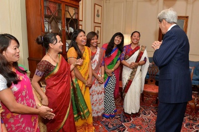 Secretary of State John Kerry chats with seven women mountain climbers from Nepal at the U.S. Department of State in Washington, DC. You can learn more about the Seven Summits Women from Nepal and their work to promote women's empowerment, education, and environmental awareness here: go.usa.gov/5rsd. 