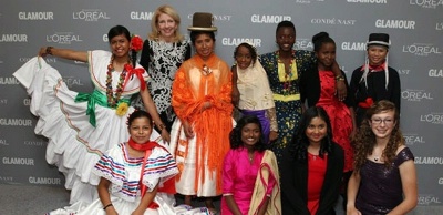 Ambassador Cathy Russell poses with girls honored at Glamour's Women of the Year ceremony at Carnegie Hall in New York. 