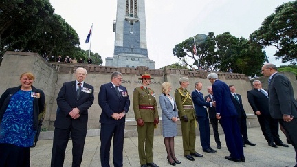 Secretary Kerry shakes hands with a group of dignitaries on November 13, 2016, as he arrives at the Pukeahu National War Memorial Park at Anzac Square in Wellington, New Zealand, to lay a wreath at the Tomb of the Unknown Warrior, present U.S. medals to members of New Zealand's armed forces who served alongside American troops, and to dedicate the site of a new U.S. memorial in the park. 