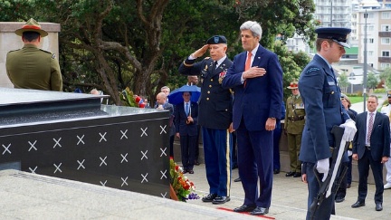 Secretary Kerry, joined by a U.S. Army Colonel, pauses after laying a wreath at the Tomb of the Unknown Warrior at Pukeahu National War Memorial Park at Anzac Square in Wellington, New Zealand, on November 13, 2016.