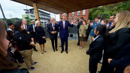 Secretary Kerry thanks members of the U.S. Embassy Wellington staff at the Pukeahu National War Memorial Park at Anzac Square in Wellington, New Zealand, after they helped arrange for him to lay a wreath at the Tomb of the Unknown Warrior, present U.S. medals to members of New Zealand's armed forces who served alongside American troops, and dedicate the site of a new U.S. memorial in the park. 