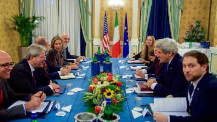 Secretary Kerry sits with Italian Foreign Minister Paolo Gentiloni to discuss Mediterranean issues on December 2, 2016, before a bilateral meeting following an Italian-hosted multinational conference about Mediterranean issues at the Parco dei Principe Hotel in Rome, Italy. 