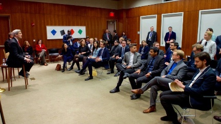 U.S. Secretary of State John Kerry takes a question from a woman in a group of young people involved in Transatlantic affairs at the U.S. Embassy Berlin in Berlin, Germany, on December 5, 2016, before a bilateral meeting with German Foreign Minister Frank-Walter Steinmeier, and his receiving the Order of Merit from the German government.