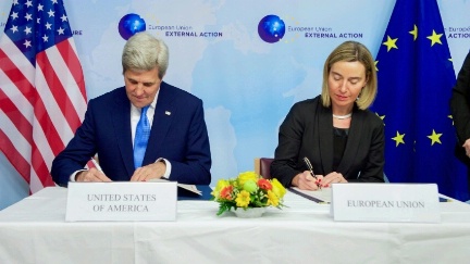 Secretary Kerry and European Union High Representative for Foreign Affairs and Security Policy Federica Mogherini sign a U.S.-EU Acquisition and Cross-Servicing Agreement on December 6, 2016, at the European External Action Service Headquarters in Brussels, Belgium.