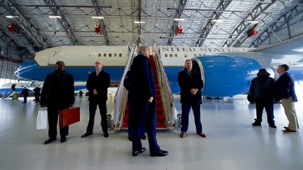 U.S. Secretary of State John Kerry prepares to board his airplane in a hangar at Joint Base Andrews in Camp Springs, Maryland, due to freezing rain passing through the area, as he sets off for Riyadh, Saudi Arabia, on December 17, 2016, for meetings related to Yemen. 