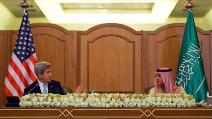 Secretary Kerry, flanked by Saudi Arabia Foreign Minister Adel al-Jubeir, addresses reporters after they and counterparts from the United Kingdom, United Arab Emirates, Oman, and the UN met on December 18, 2016, in Riyadh, Saudi Arabia, to discuss the future of Yemen.
