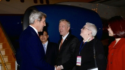 Secretary Kerry Is Greeted by Deputy Chief of Mission Sutton Upon Arrival in Hanoi