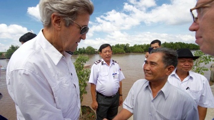Secretary Kerry shakes hands with 70-year-old Vo Ban Tam - who was part of a team that attacked the Secretary's Swift Boat on February 28, 1969