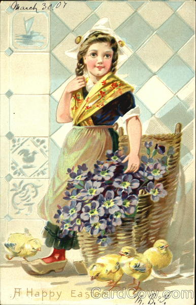 Dutch Girl with Chicks and Blue Flowers With Children