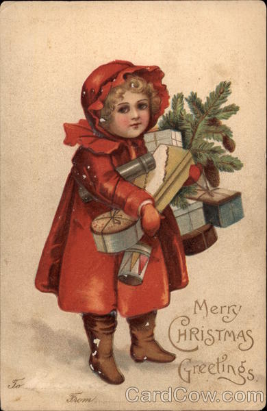 Little Girl in Red Carries Pine Bough and Gifts Children