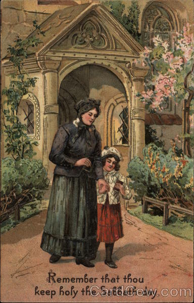 Woman and Child Outside a Church Religious