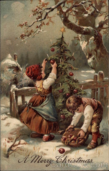 Children Collecting Apples and Decorating a Christmas Tree Outside