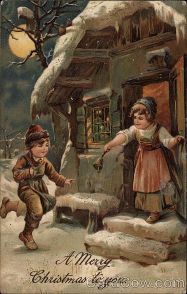 Two Children in Front of Snowy House