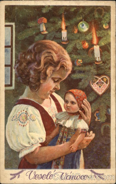 Little Girl Holding Doll beside Christmas Tree Children
