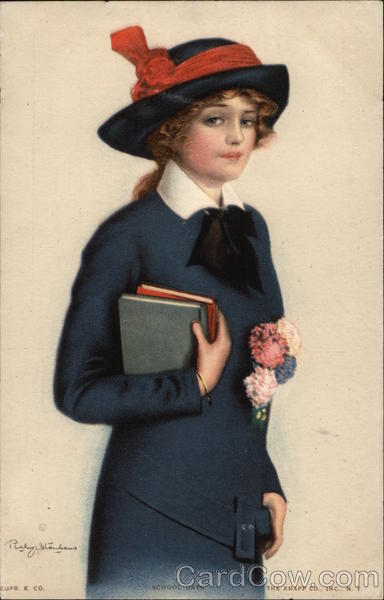 School Days - Young Woman in Blue Carrying Books